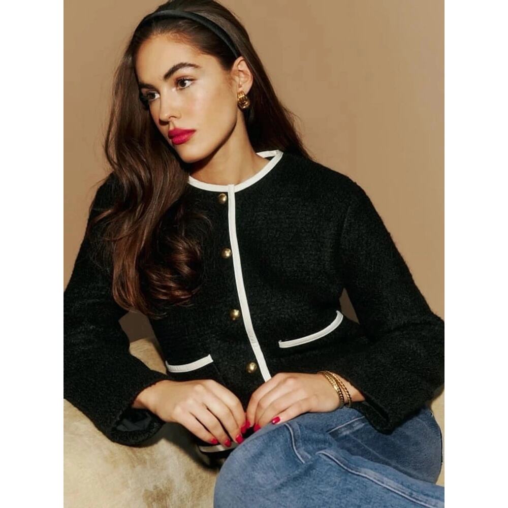 Reformation Dale Cropped Jacket‎ in Black White Trim Tweed Wool Old Money XS